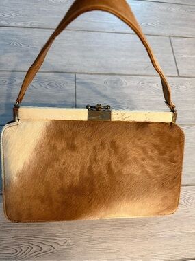 Vintage 60s Cowhide Hair on hide Leather Crossbody Bag in Tan and White
